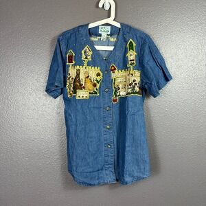 Quacker Factory Womens small Chambray Button Shirt Top Cats Garden Flowers